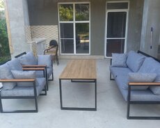 Yeni, Kvadrat masa, 4 stul, Açılmayan masa, Skameykalar ilə, Metal, Azərbaycan